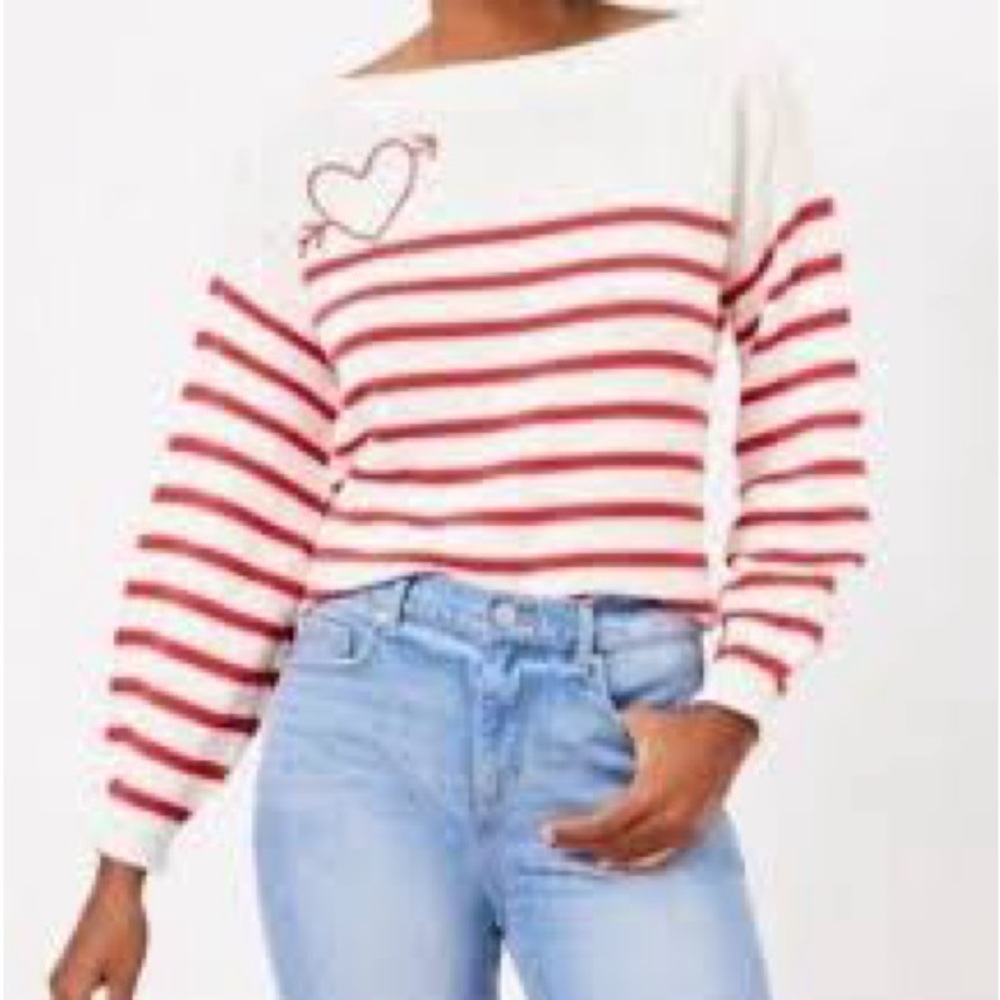 LOFT Petites Love Struck Heart ❤️ Stripe Sweater White Red XXSP